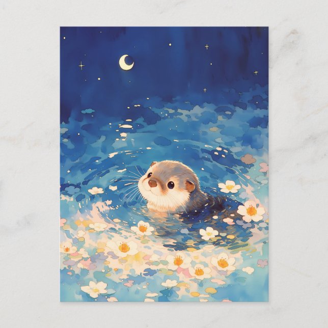 Cute Otter Swimming Under Crescent Moon Postcard (Front)