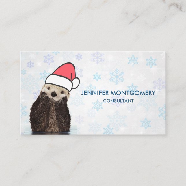 Cute Otter Wearing a Santa Hat Christmas Business Card (Front)