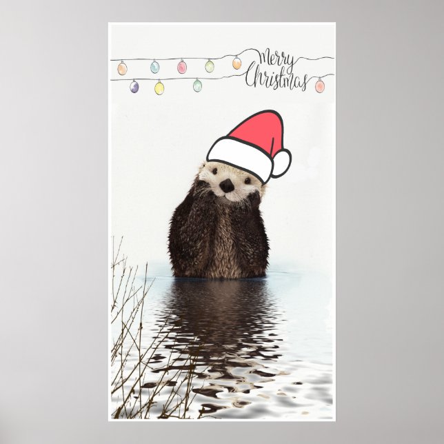 Cute Otter Wearing a Santa Hat Christmas Poster (Front)