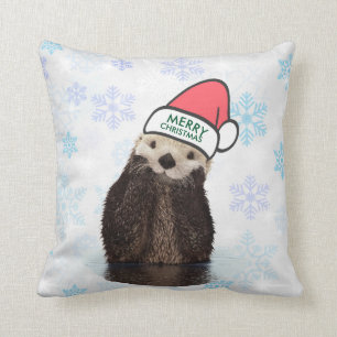 Cute Otter Wearing a Santa Hat Merry Christmas Cushion