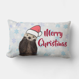 Cute Otter Wearing a Santa Hat Merry Christmas Lumbar Cushion