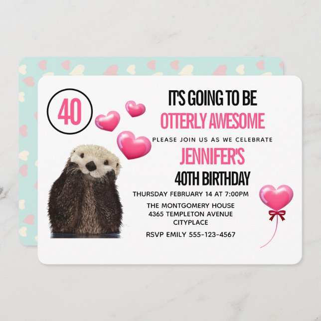 Cute Otter Wildlife with Pink Hearts Birthday Invitation (Front/Back)