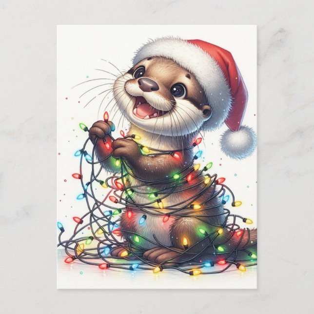 Cute Otter With Christmas Lights Postcard (Front)