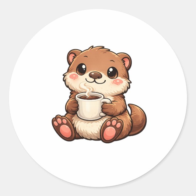 Cute Otter with Coffee – Cozy Kawaii Animal Classic Round Sticker (Front)
