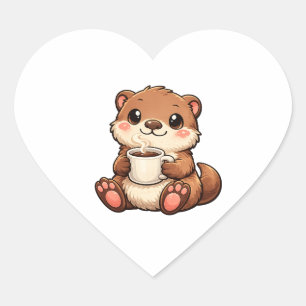 Cute Otter with Coffee – Cozy Kawaii Animal Heart Sticker