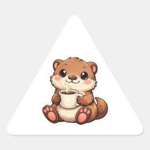 Cute Otter with Coffee – Cozy Kawaii Animal Triangle Sticker