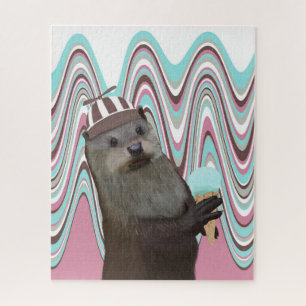 Cute Otter with Ice cream Pink Liquid Swirl Jigsaw Puzzle