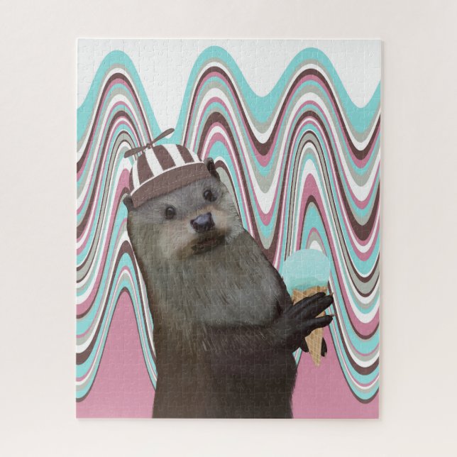 Cute Otter with Ice cream Pink Liquid Swirl Jigsaw Puzzle (Vertical)