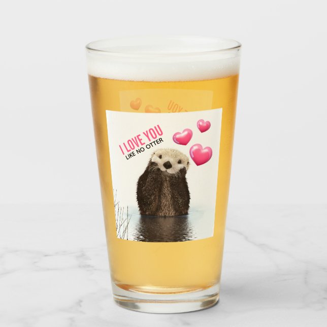 Cute Otter with Pink Hearts Love You Pun Glass (Front Filled)