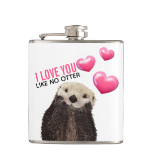 Cute Otter with Pink Hearts Love You Pun Hip Flask