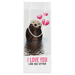 Cute Otter with Pink Hearts Love You Pun Wine Gift Bag