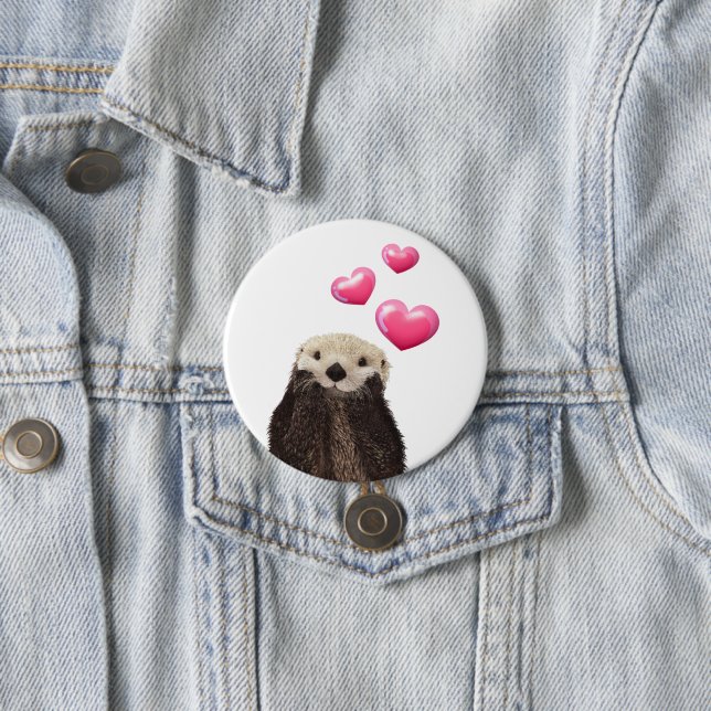 Cute Otter with Pink Love Hearts 7.5 Cm Round Badge (In Situ)