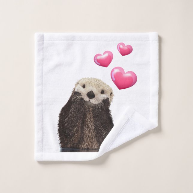 Cute Otter with Pink Love Hearts Bath Towel Set (Wash Cloth)