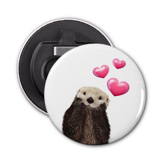 Cute Otter with Pink Love Hearts Bottle Opener (Front)