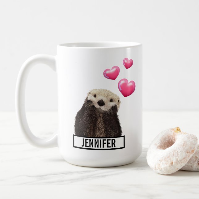 Cute Otter with Pink Love Hearts Coffee Mug (With Donut)