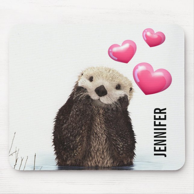 Cute Otter with Pink Love Hearts Mouse Pad (Front)