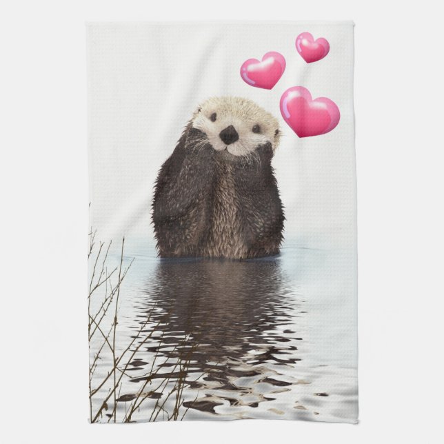 Cute Otter with Pink Love Hearts Tea Towel (Vertical)