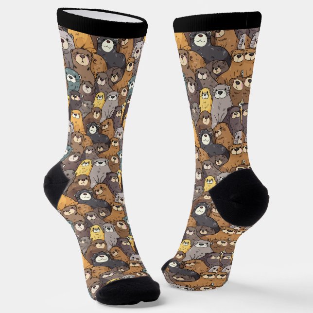 Cute Otters Collage Brown Grey and Black Socks (Angled)