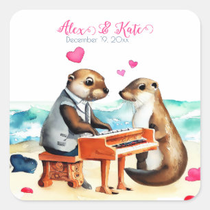 Cute Otters Couple   Romantic Wedding  Square Sticker
