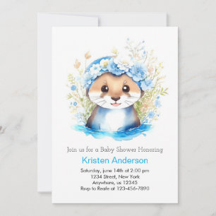 Cute Otter's Enchanted Blue Floral Boy Baby Shower Invitation