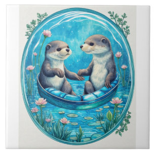 Cute otters holding hands. Blue water lily pads Ceramic Tile