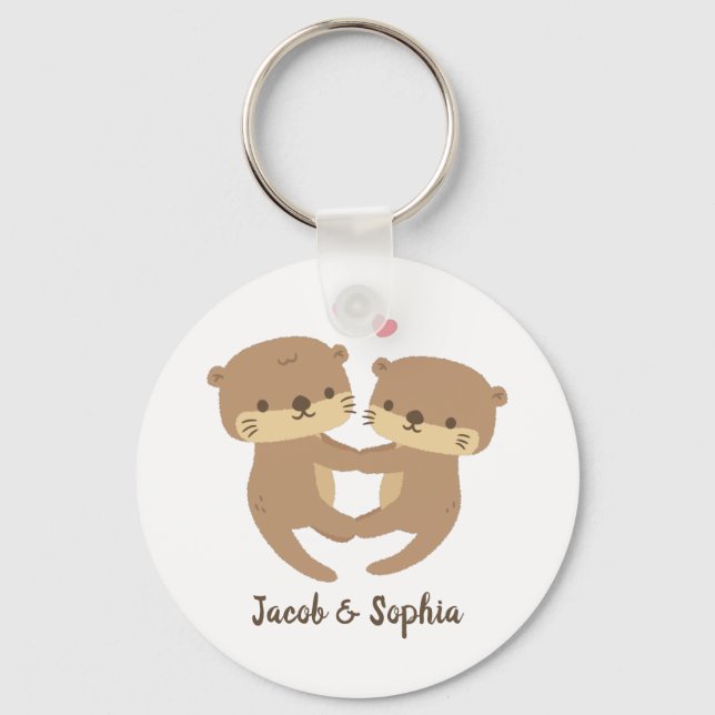 Cute Otters Holding Paws, Couple Personalized Key Ring (Front)