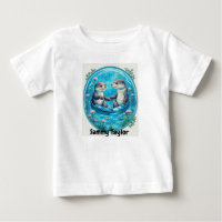Cute Otters in blue water. Water lily pad Editable