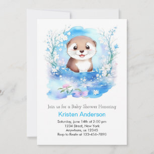 Cute Otter's Oasis Watercolor Blue Boy Baby Shower Invitation