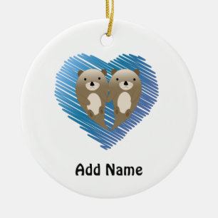 Cute Otters with Blue Heart in the Background Ceramic Ornament