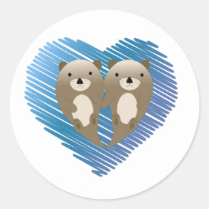 Cute Otters with Blue Heart in the Background Classic Round Sticker