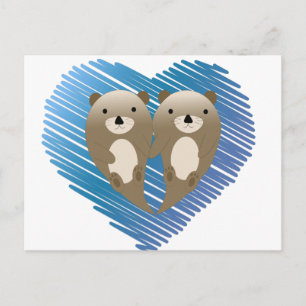 Cute Otters with Blue Heart in the Background Postcard