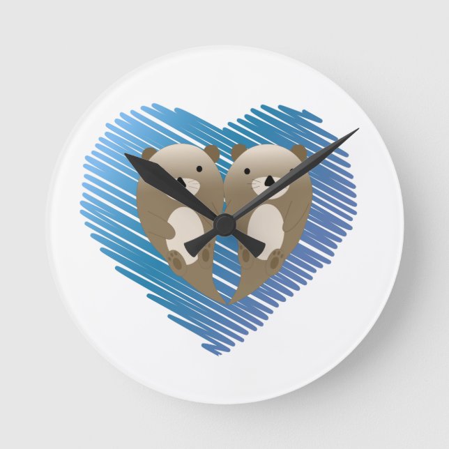 Cute Otters with Blue Heart in the Background Round Clock (Front)