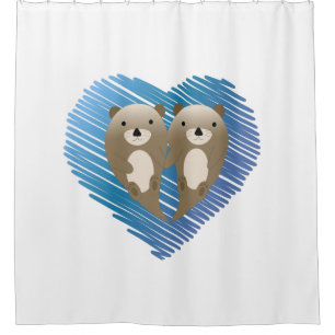 Cute Otters with Blue Heart in the Background Shower Curtain