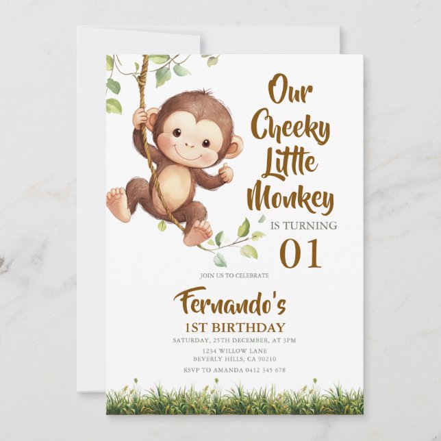 Cute Our Cheeky Little Monkey Safari 1st Birthday  Invitation (Front)