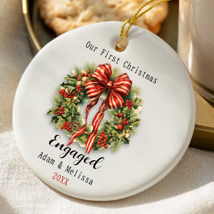 Cute our first Christmas engaged vintage wreath Ceramic Ornament