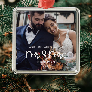 Cute Our First Christmas wedding photo Metal Ornament