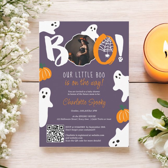 Cute our little boo ghost purple photo baby shower invitation (Cute our little boo ghost purple photo baby shower invitation)