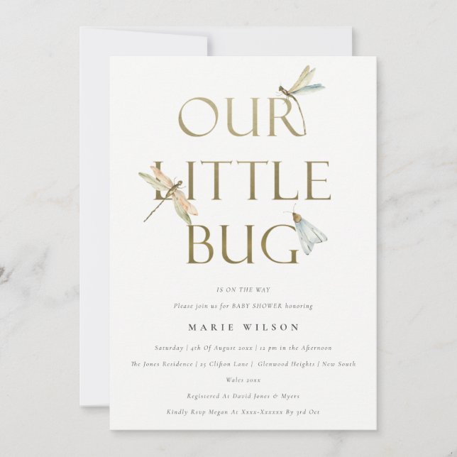 Cute Our Little Bug Gold Dragonfly Baby Shower Invitation (Front)