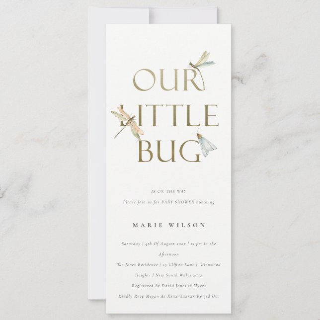 Cute Our Little Bug Gold Dragonfly Baby Shower Invitation (Front)
