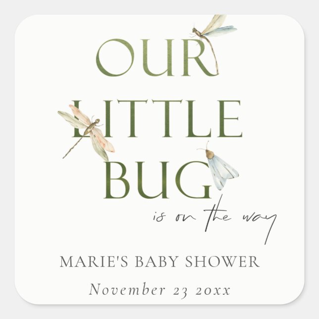 Cute Our Little Bug Green Dragonfly Baby Shower Square Sticker (Front)