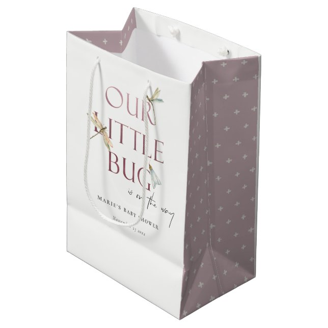 Cute Our Little Bug Pink Dragonfly Baby Shower Medium Gift Bag (Front Angled)