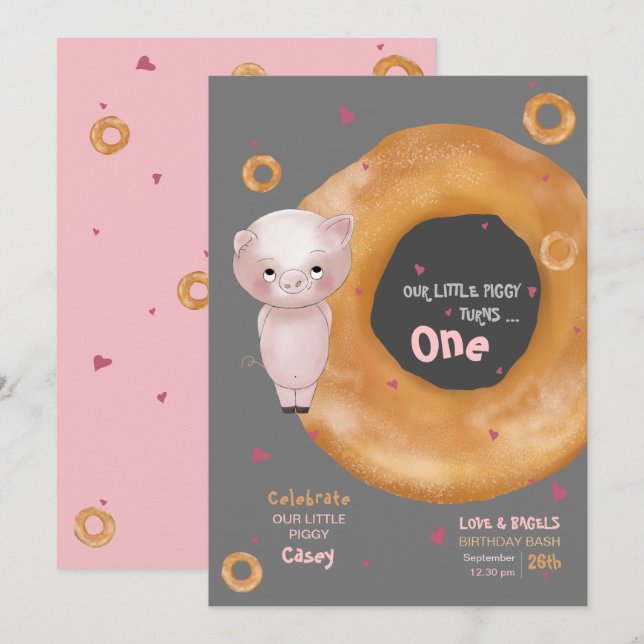 Cute "OUR LITTLE PIGGY"  |  “Love & Bagels”  Invitation (Front/Back)
