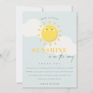 Cute Our Little Sunshine Blue Boy Baby Shower Thank You Card