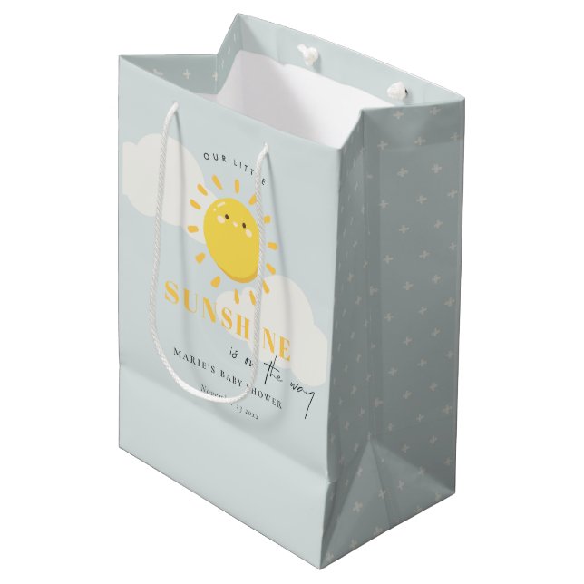 Cute Our Little Sunshine Boy Blue Baby Shower Medium Gift Bag (Front Angled)