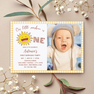 Cute Our Little Sunshine is One Boy Birthday Photo Invitation