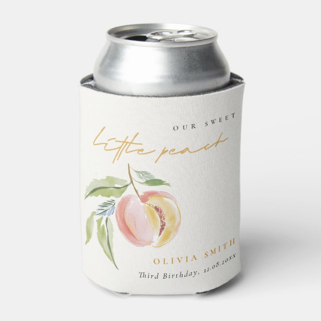 Cute Our Little Sweet Peach Watercolor Birthday Can Cooler (Can Front)