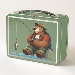 Cute, outdoorsman bear fishing metal lunch box