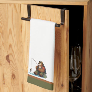 Cute, outdoorsman bear fishing tea towel
