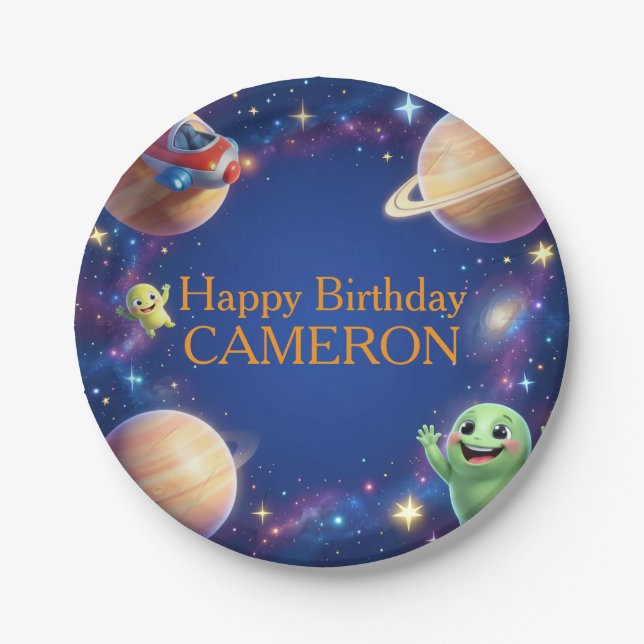 Cute Outer Space Aliens Birthday Party Paper Plate (Front)