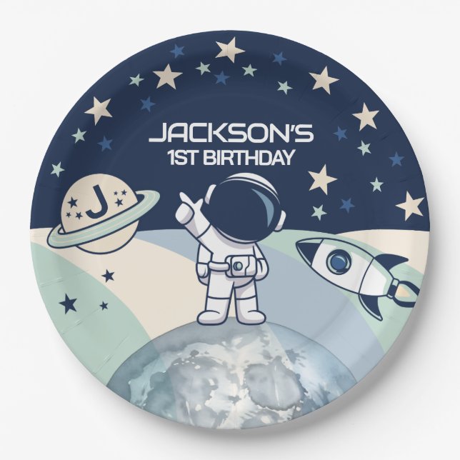 Cute Outer Space Astronaut Birthday Paper Plate (Front)